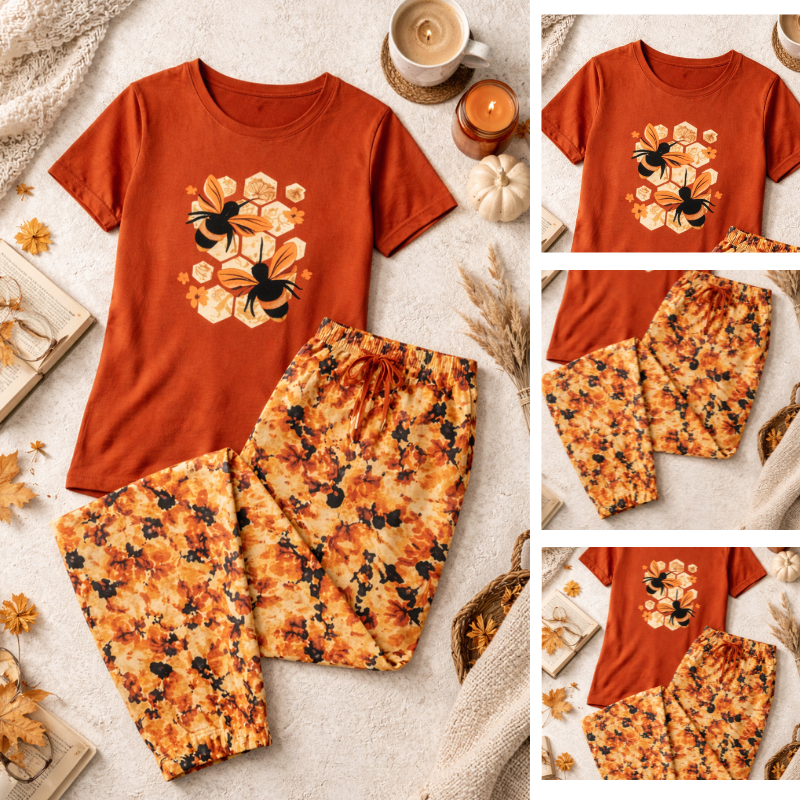 Stylish Bee Design Nightsuit T-Shirt & Pajama Set - Image 2
