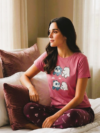 Pink Graphic Tee & Maroon Printed Pyjama Nightwear Set for Women